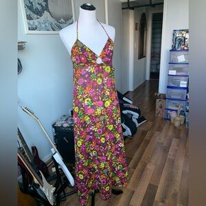 Free People Dress Womens 6 Floral Halter Maxi Tie Back Linen Blend Boho Beachy